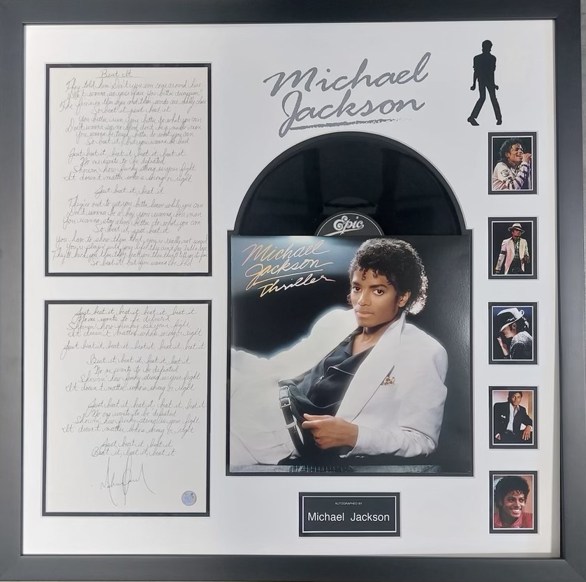 PJFAINC's tweet image. Parker Jordan Fine Art is excited to share Hollywood Memorabilia, Michael Jackson Beat It! signed collectible. #parkerjordanfineart #framer #frameshop  #customframeshop #customframing #framing #frame #michaeljackson #thrilleralbum #signedmusiccollectibles #signedcollectibles