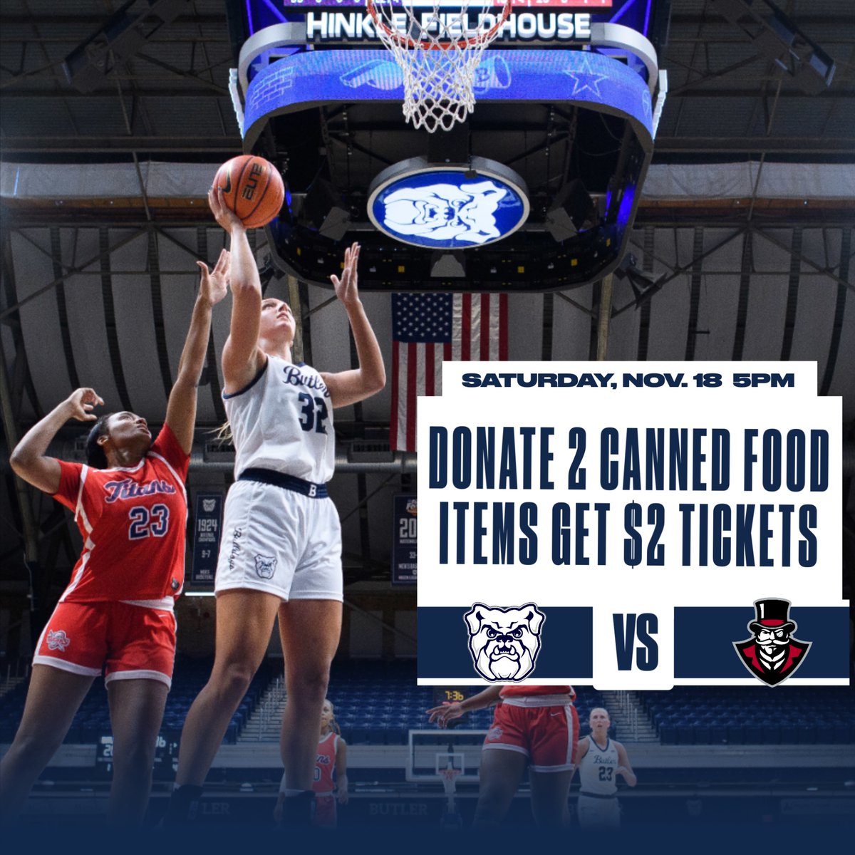 ButlerAthletics's tweet photo. The Dawgs return to Hinkle Fieldhouse this Saturday!

Come out to see @ButlerUWBB take on Austin Peay with a tip time of 5PM. Donate 2 canned food items at the ticket window to get a ticket for just $2.

Grab your canned food item and come cheer on the Dawgs! https://t.co/F2I8Exu0gU
