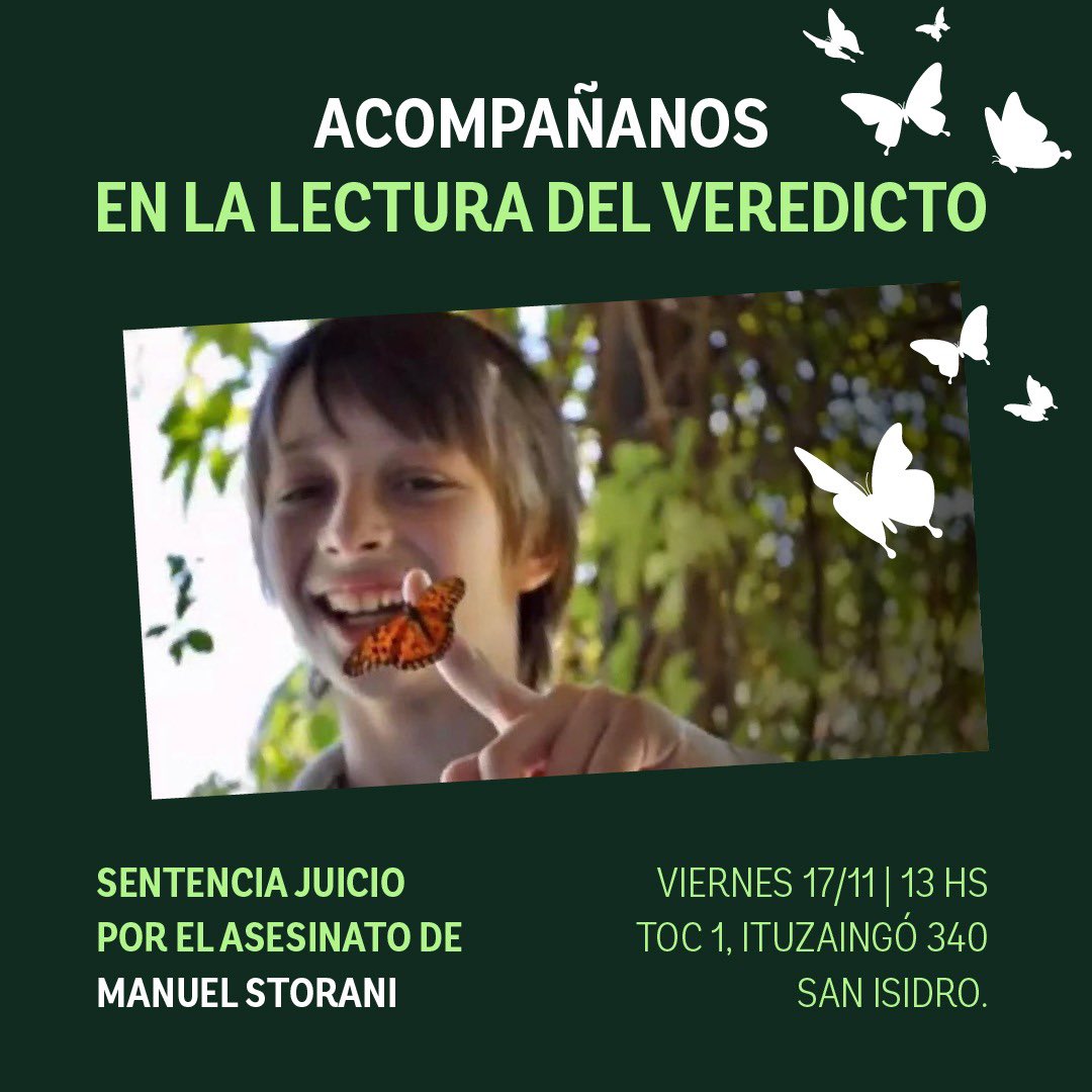 Acompañanos este viernes en la lectura del veredicto #justiciapormanu ! #serajusticia 
<a href="/federicostorani/">Federico Storani</a> <a href="/CarmenStorani/">Carmen Storani</a>