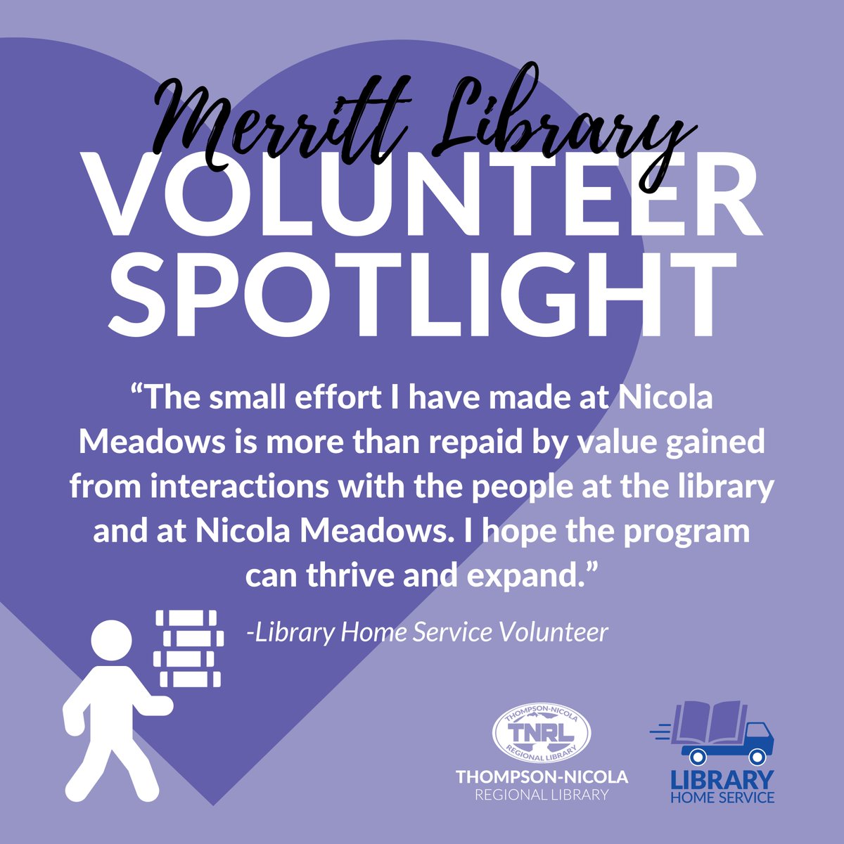 Today, we are so excited to celebrate a few of our incredible volunteers for #NationalPhilanthropyDay! 💜

Elsie has been delivering books and other library items to Nicola Meadows Seniors Residence for three years, and we are so grateful! Thank you, Elsie!

 #MerrittBC