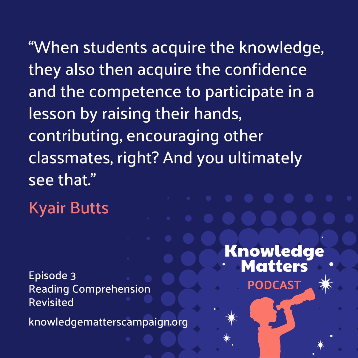 If you’ve spoken w/ a child who loves dinosaurs or sharks, you know it’s tough to pause that convo.😅

In Episode 3 of the #KnowledgeMatters Podcast <a href="/kyairb/">Kyair</a> describes how a content-rich curriculum improved class discussions—they didn’t want to stop!🤩

🔗 knowledgematterscampaign.org/podcast/