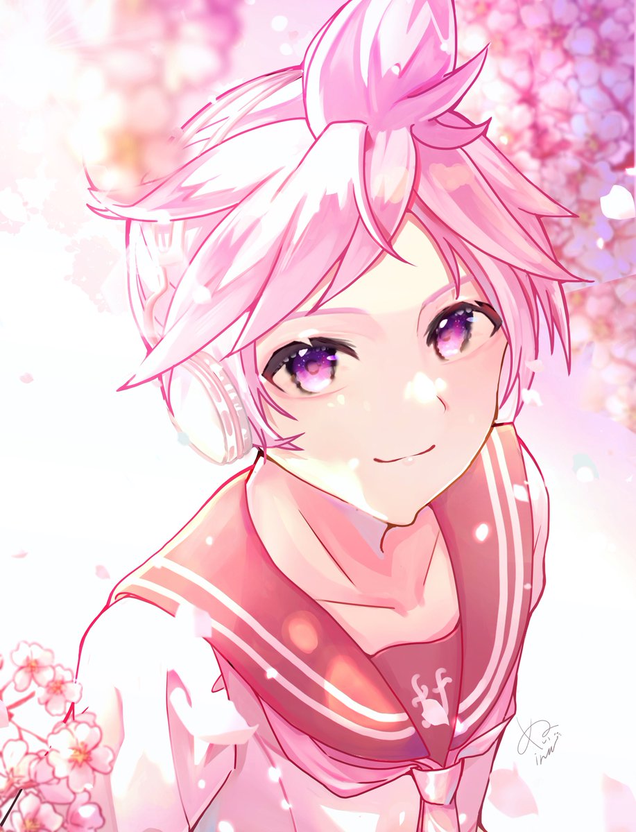 kagamine len male focus 1boy cherry blossoms pink neckerchief pink necktie sailor collar pink theme  illustration images