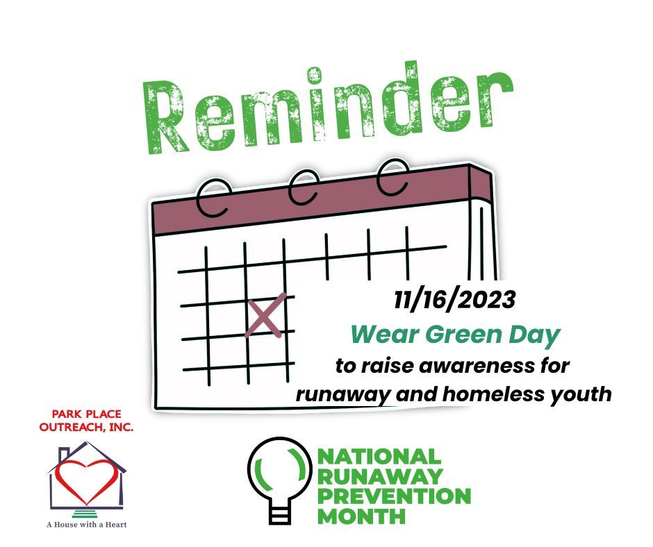 OutreachPark's tweet photo. Thursday, November 16th is Wear Green Day! Show your support for National Runaway Prevention Month by Wearing Green. Share your support on social media with the hashtag #parkplaceoutreach #parkplace #NRPM2023 https://t.co/JLeNooR94t