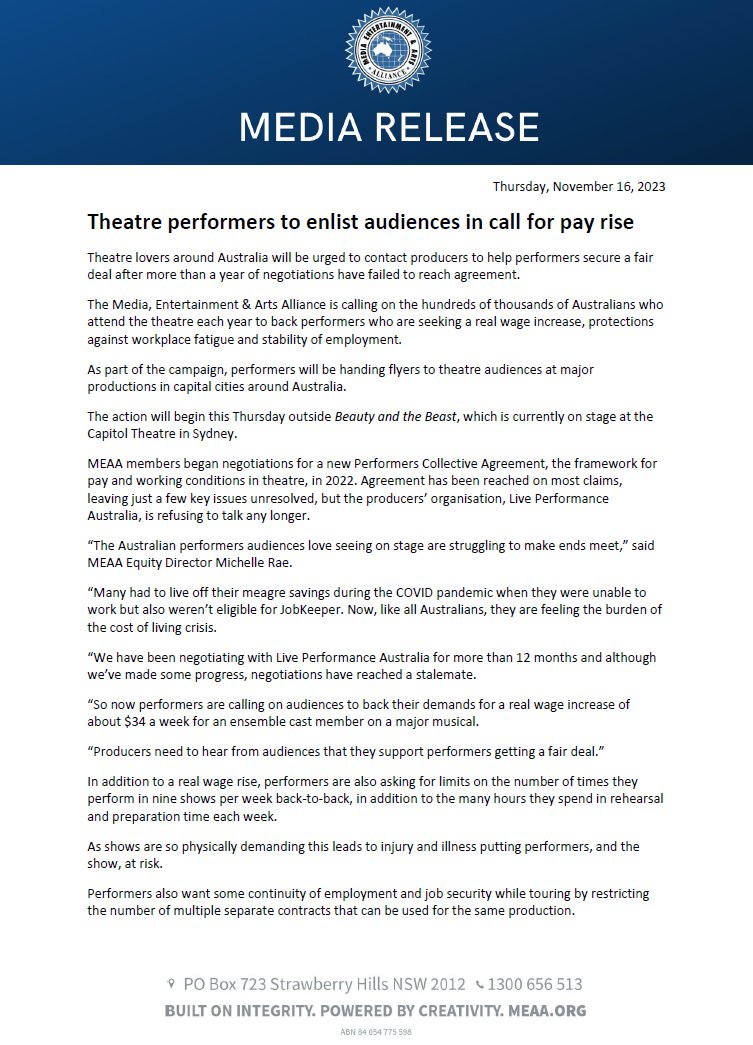 withMEAA's tweet photo. MEDIA RELEASE: Theatre lovers around Australia will be urged to contact producers to help performers secure a fair deal after more than a year of negotiations have failed to reach agreement. https://t.co/TXqiyWVHnG #MEAAequity https://t.co/DgmixSfSNs
