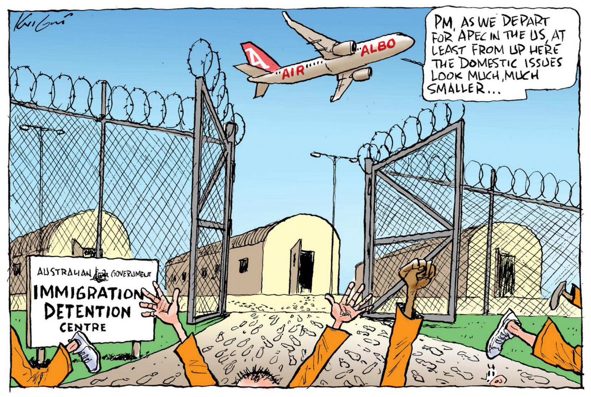 Gato188's tweet image. #Airbus #Albo flies off again, evading many unresolved major problems largely created by his own incompetent #Liebor clown show. #MarkKnight editorial cartoon, #HeraldSun, Thursday 16 November 2023.
#MoronsInCharge #ThisIsLabor #LaborsMess #WorstPMinHistory