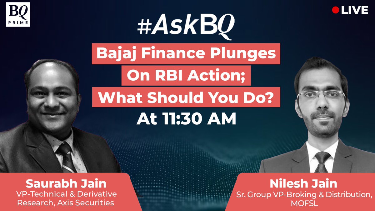 NDTVProfitAlpha's tweet photo. #BajajFinance saw its stock decline over 4% in trade today before recovering after the #RBI barred it from lending under a few of its products. 

Get all your stock-related queries answered on #AskBQ today at 11:30 with @alexandermats and @smriti_02. 

Tune in:  https://t.co/CTSaKDdbHB