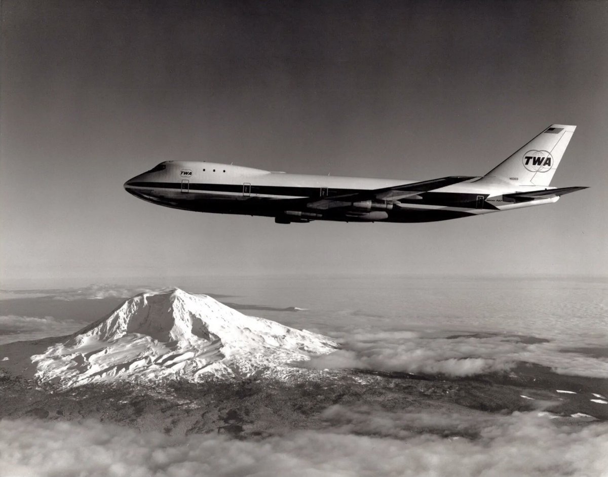 T W A 7 4 7 over Washington State in 1970. #FlyTWA