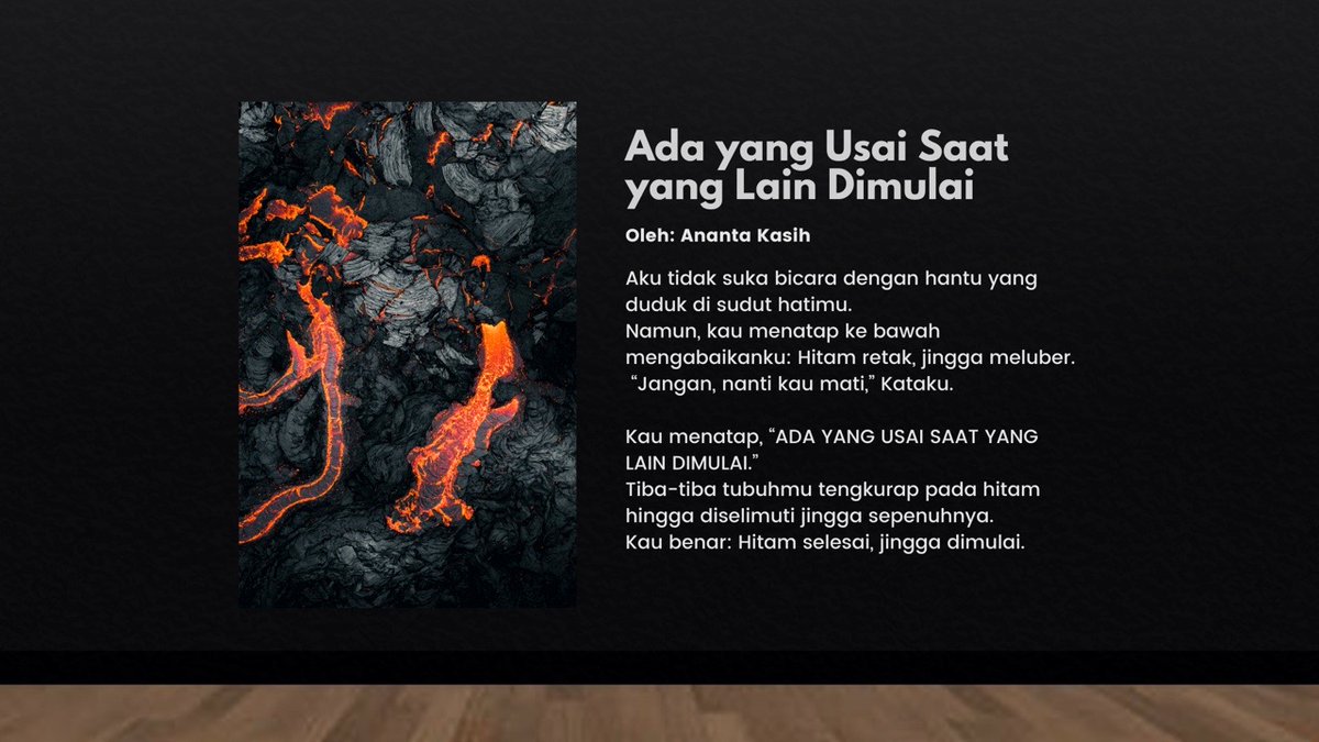ORBSGALLERY's tweet photo. ㅤㅤ

ADA YANG USAI SAAT YANG LAIN DIMULAI
Oleh: Ananta Kasih

Aku tidak suka bicara dengan hantu yang
duduk di sudut hatimu.

Namun, kau menatap ke bawah menatap
ke  bawah  mengabaikanku:  Hitam retak,
jingga meluber.

Foto oleh: Leonard Alder
#TBT_THEORBS

ㅤㅤ