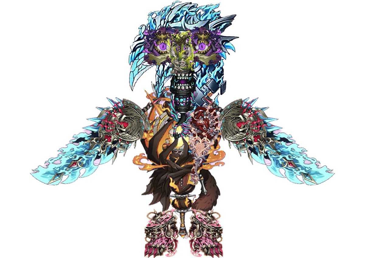 potaco_tkty's tweet photo. 無限進化武器の最終形態
こうなるかなぁという予想で制作しました。
イコツが頭から背骨にかけて、キンソクは尻尾ついてるからこの辺かなと並べていったら鳥っぽくなって草
ビリョウは鼻らしいし、コウガイは口なので鳥だとしたら余っちゃうから多分もっといい並べ方があるはず…

#シノアリス https://t.co/qTdlOgwAAm