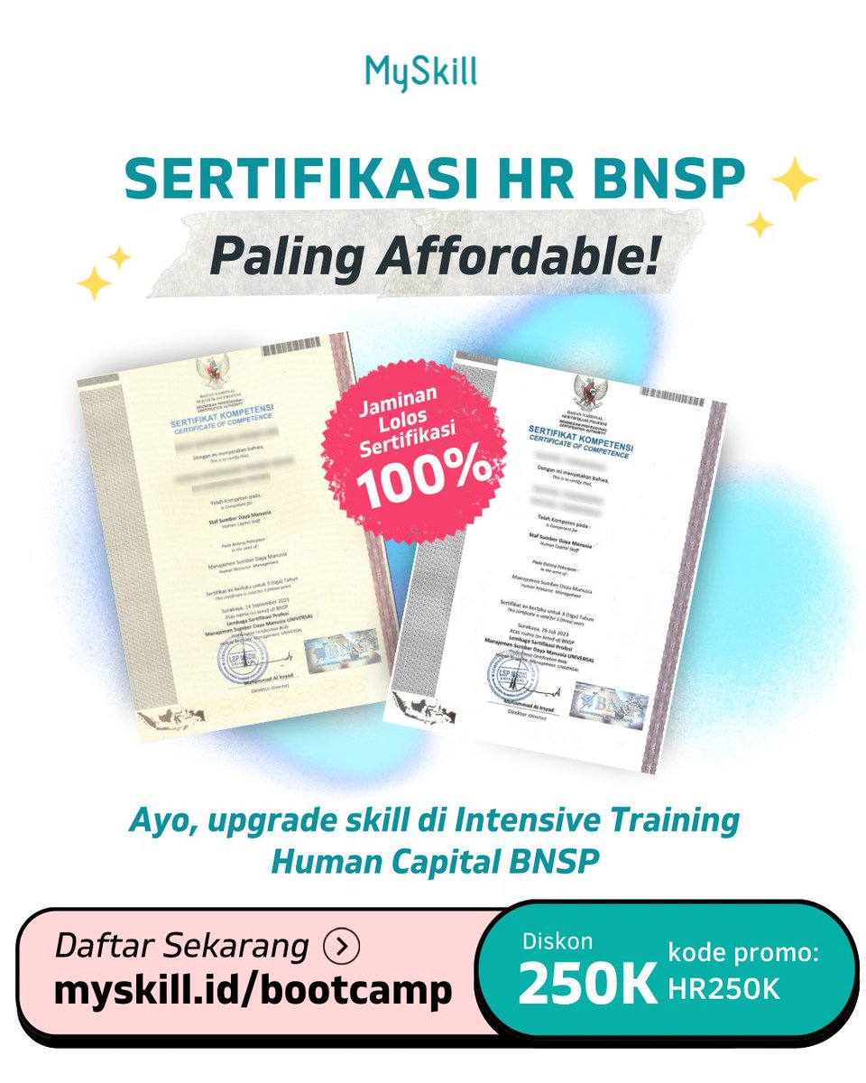 myskill_id's tweet photo. Mau jadi HR expert yang punya sertifikasi BNSP?🤩
Yuk, belajar dan praktek bareng di Intensive Online Training Human Capital Staff di https://t.co/BPkhWpVQXq 🚀
Dapetin potongan 250K pakai kode promo HR250K✨
Yuk, daftar sekarang🔥
#LearningAtMySkill #HRBNSP #RintisKarirImpian