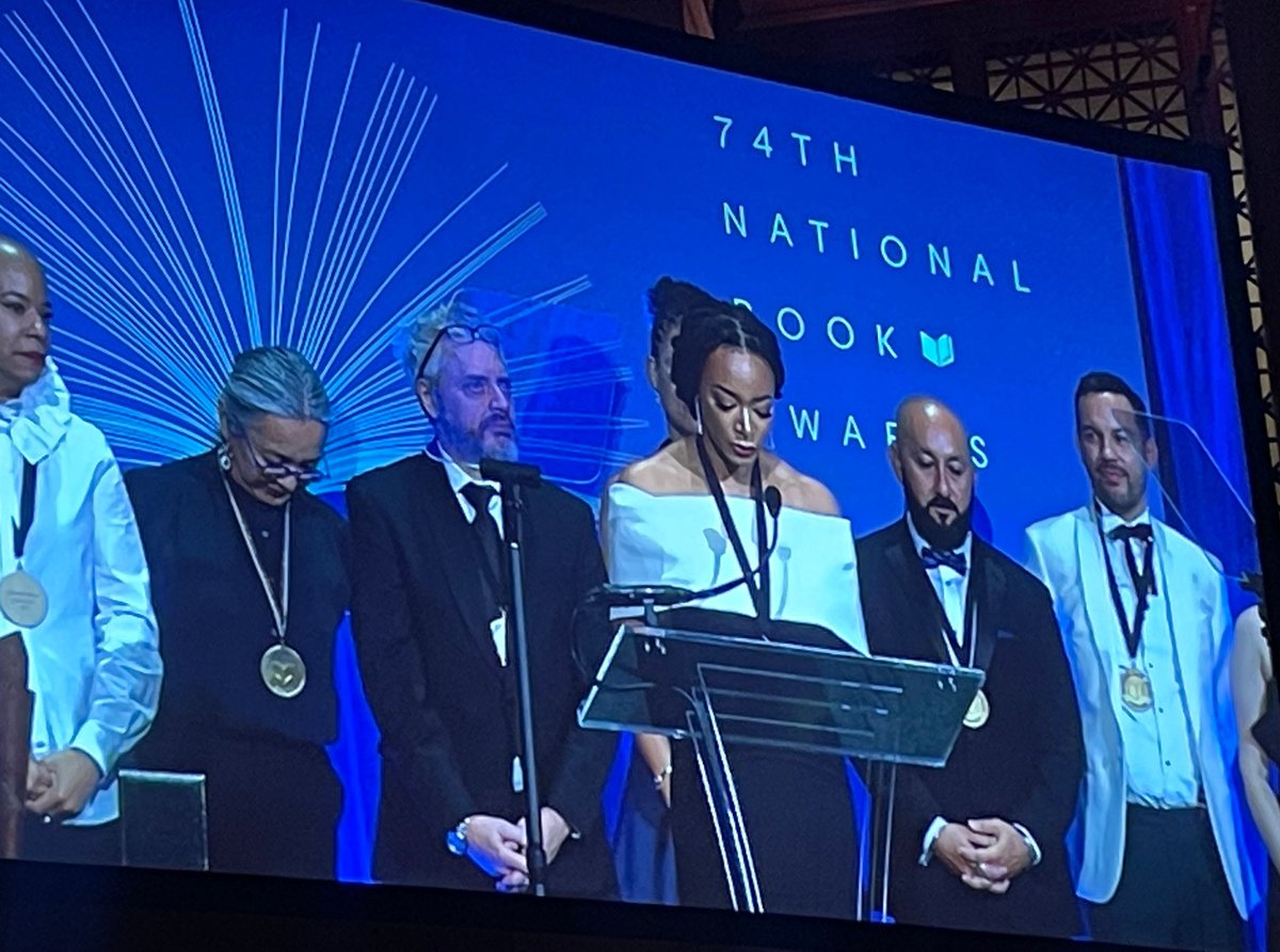 National Book Award Finalist Aaliyah Bilal reads a statement on behalf of a group of more than a dozen finalists calling for a ceasefire in Gaza. #NBAwards