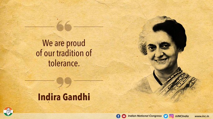 VarshaEGaikwad's tweet photo. "We are proud of our tradition of tolerance."
        -Bharat Ratna Indira Gandhi 

Our nation is built on the foundation of tolerance &amp; equality to all. Today on the #InternationalDayforTolerance, let us vow to practice these values every day.

 #BharatJodo #StrongerTogether https://t.co/awLhoHgdge