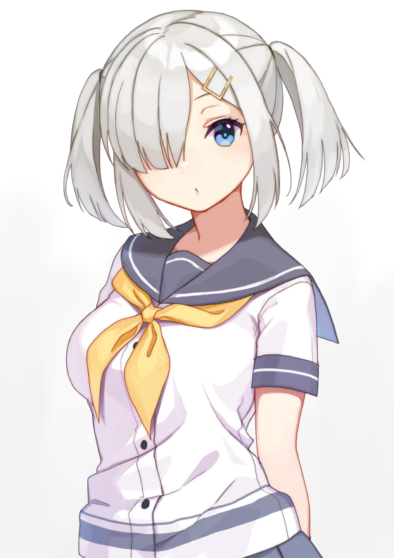 hamakaze (kancolle) 1girl solo alternate hairstyle hair over one eye school uniform twintails serafuku  illustration images