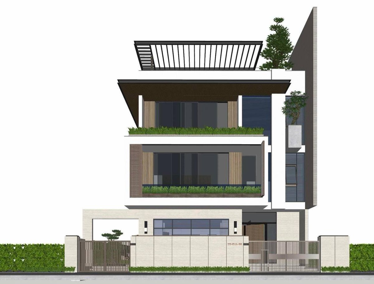 Biệt thự 3 tầng sử dụng ban công và các tầng terraces để tạo không gian sống ngoại thất. Đặt cây cỏ, cây cảnh và hoa để tạo ra môi trường sống thoải mái.