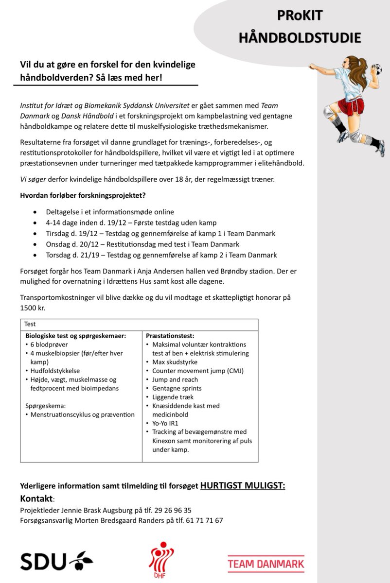 PeterKrustrup's tweet image. Vi søger kvindelige håndboldspillere til unikt forskningsprojekt. Læs mere nedenfor og på sdu.dk/FIM
For tilmelding kontakt forskningsassistent Jennie Brask Augsburg 2926 9635 eller lektor Morten Randers 6171 7167. @SyddanskUni @teamdanmark @DanskHaandbold #PRoKIT
