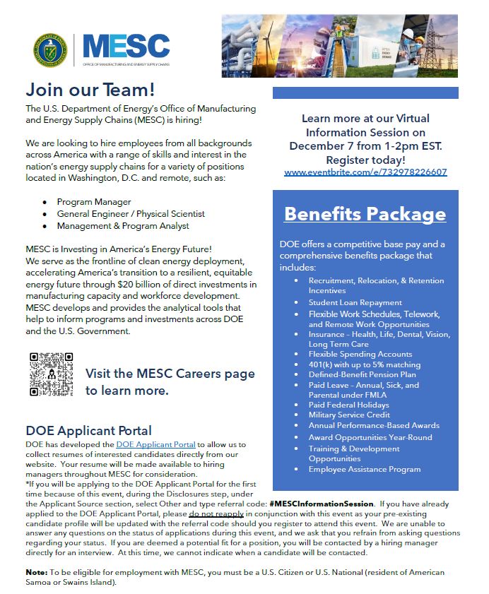 M4L_Network's tweet image. The U.S. Department of Energy’s (DOE) Office of Manufacturing and Energy Supply Chains (MESC) is hiring! Learn more at the upcoming Virtual Information Session on December 7 from 1-2pm EST.

Register today! ms.spr.ly/6010iDos4

#WarriorsConnected 
#Energy 
#M4LNetwork