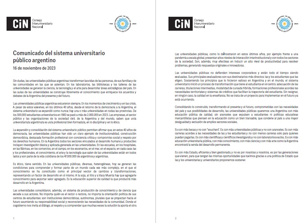 UNS_oficial's tweet photo. COMUNICADO DEL SISTEMA UNIVERSITARIO PÚBLICO ARGENTINO

“Es con más educación universitaria pública como la Argentina encontrará la senda del desarrollo permanente”

Lectura pública este jueves a las 12 en Colón 80, junto a la @upsouniversidad , la @BahiaUtn y el CONICET https://t.co/xCL59Td64o