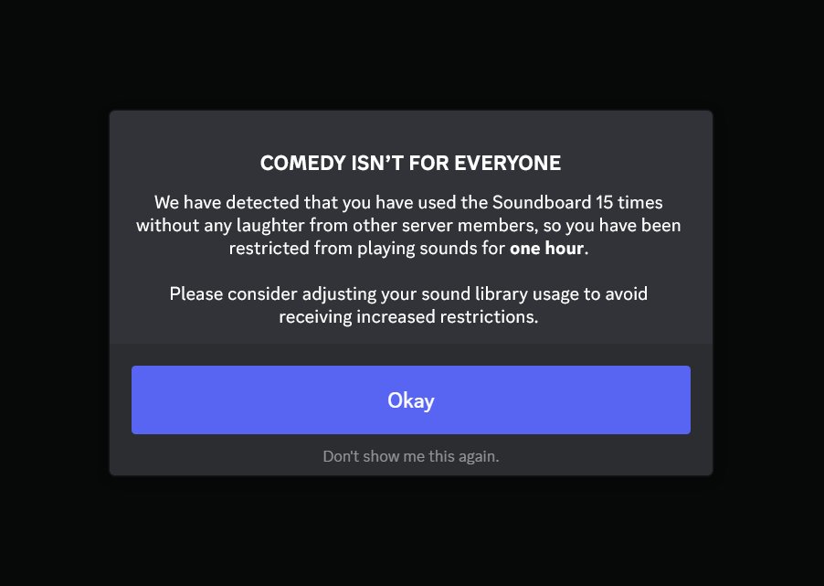 punsandbunsgg's tweet photo. New Discord feature penalizes users for abusing the soundboard feature 🤐 https://t.co/1B4CQSUuKb
