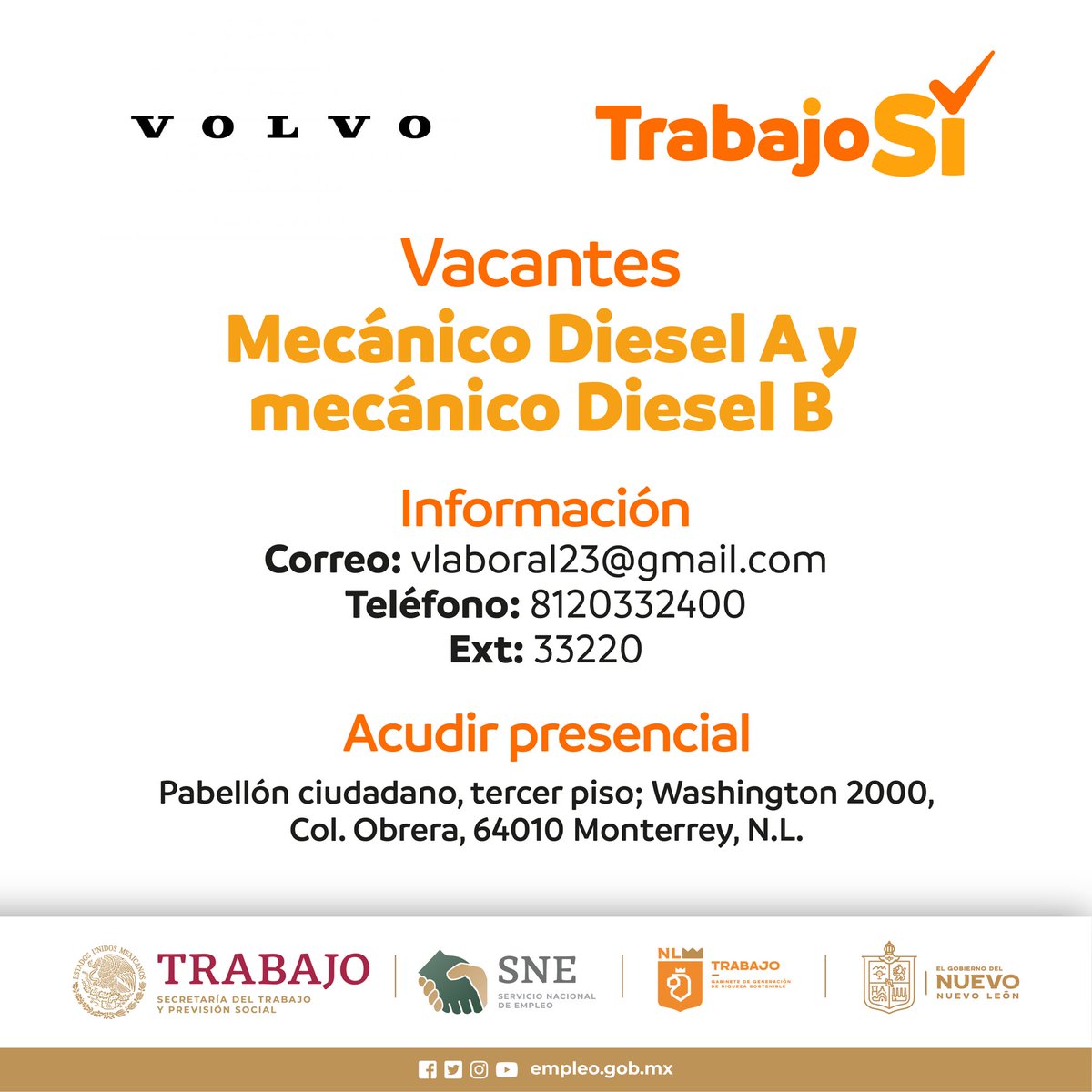 La empresa #Volvo solicita mecánicos diésel, ven a nuestra jornada de contratación en el Pabellón Ciudadano de 8 de la mañana a 3 de la tarde de lunes a viernes,o comunícate a los teléfonos que aquí te compartimos.

En el nuevo Nuevo León #TrabajoSí ✅
#SNE #NuevoLeón