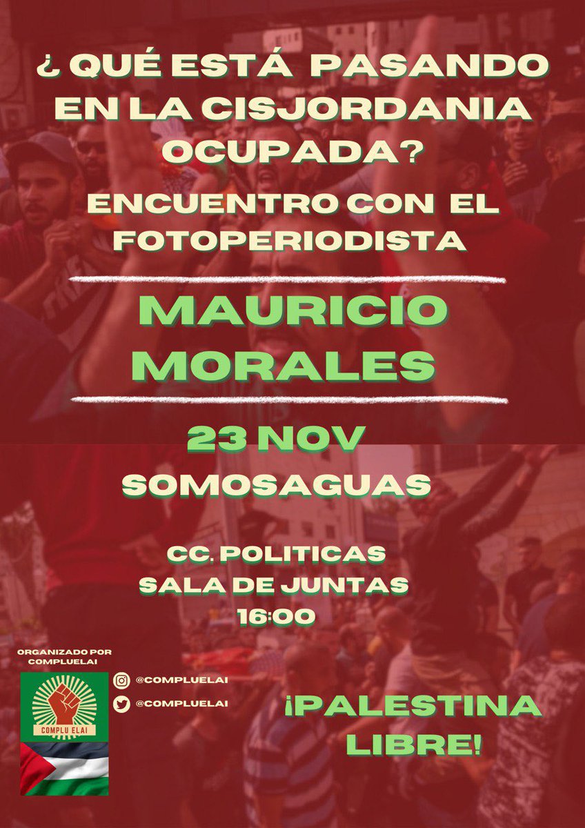 ¡Entusiasmados por anunciar la visita de Mauricio Morales, fotoperiodista, el 23 de noviembre a la Facultad de Ciencias Políticas de la UCM! Únete a nosotros para una inspiradora charla sobre sus experiencias y obras en Cisjordania. 📸🇵🇸