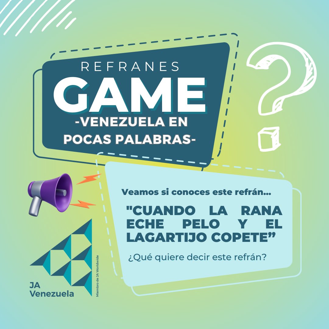#VenezuelaEnPocasPalabras 🇻🇪
Seguimos con nuestra sección... Veamos si conoces este refrán...

"CUANDO LA RANA ECHE PELO Y EL LAGARTIJO COPETE”

¿Qué quiere decir este refrán?
¡Coméntanos! 
#JaVenezuela #Venezuela #Emprendedor #Joven #Educacion #Venezuela #Aprendizaje #Aprender