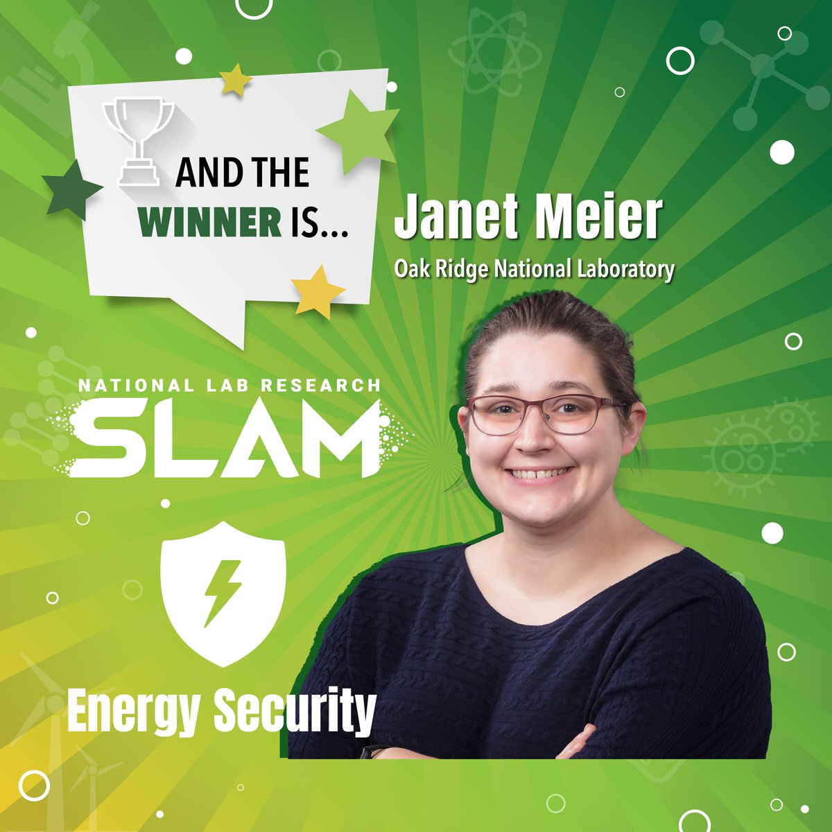 ENERGY's tweet image. 🎉 It’s done. We have our #NationalLabResearchSLAM winners.  
 
A big congratulations to the 17 finalists &amp;amp; a special congrats to the winners of the 4 categories: Theresa Kucinski, Brandon Zimmerman, Janet Meier, and Sean Noble.  
 
And, one more winner picked by the audience…⬇️