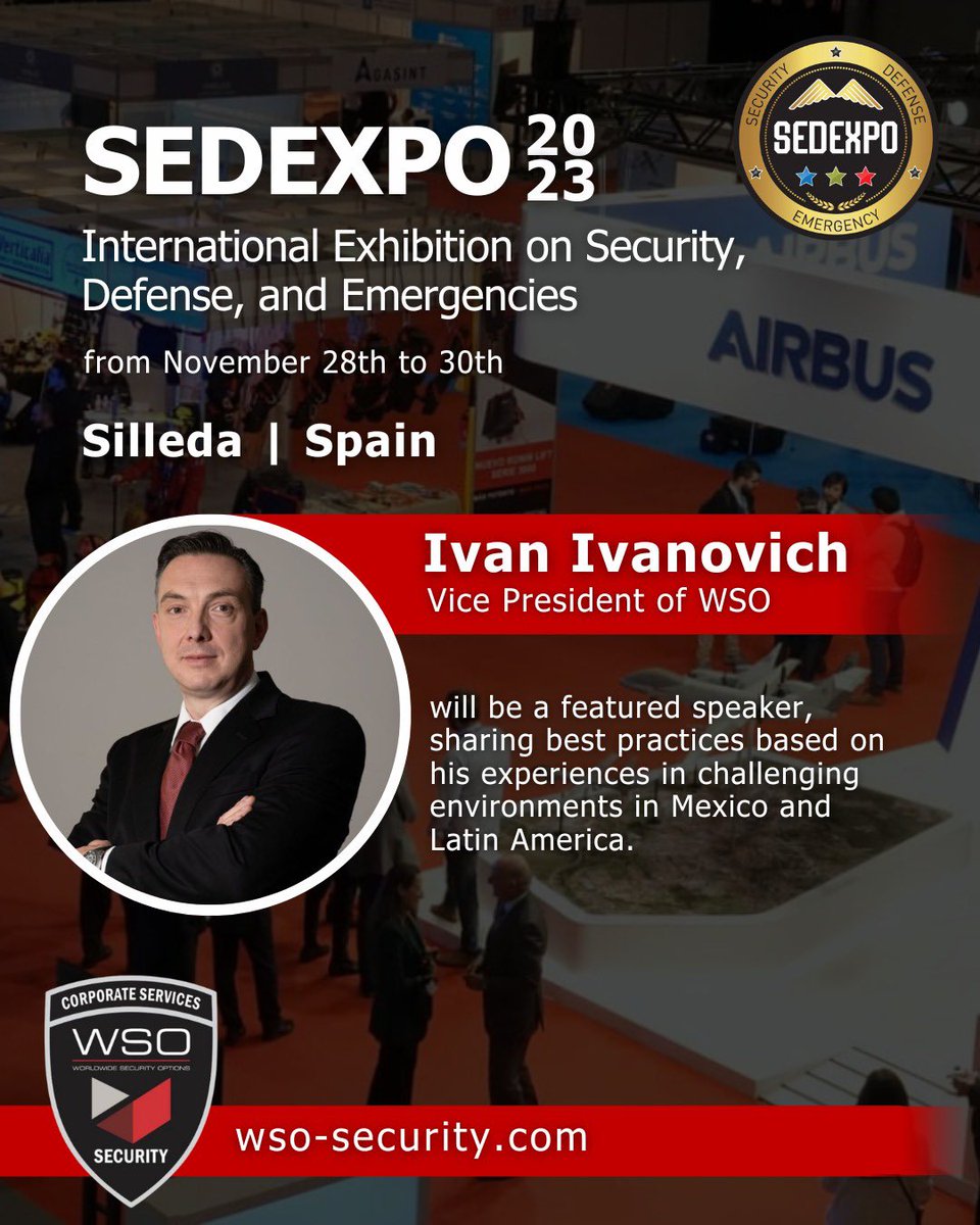 🎙️ Iván Ivanovich, WSO Vice President, will be a featured speaker at the second edition of the SEDEXPO! He'll share best practices in executive protection based on real experiences facing threats in Mexico and Latin America. 🌐 #WSOConference
@ivanims77