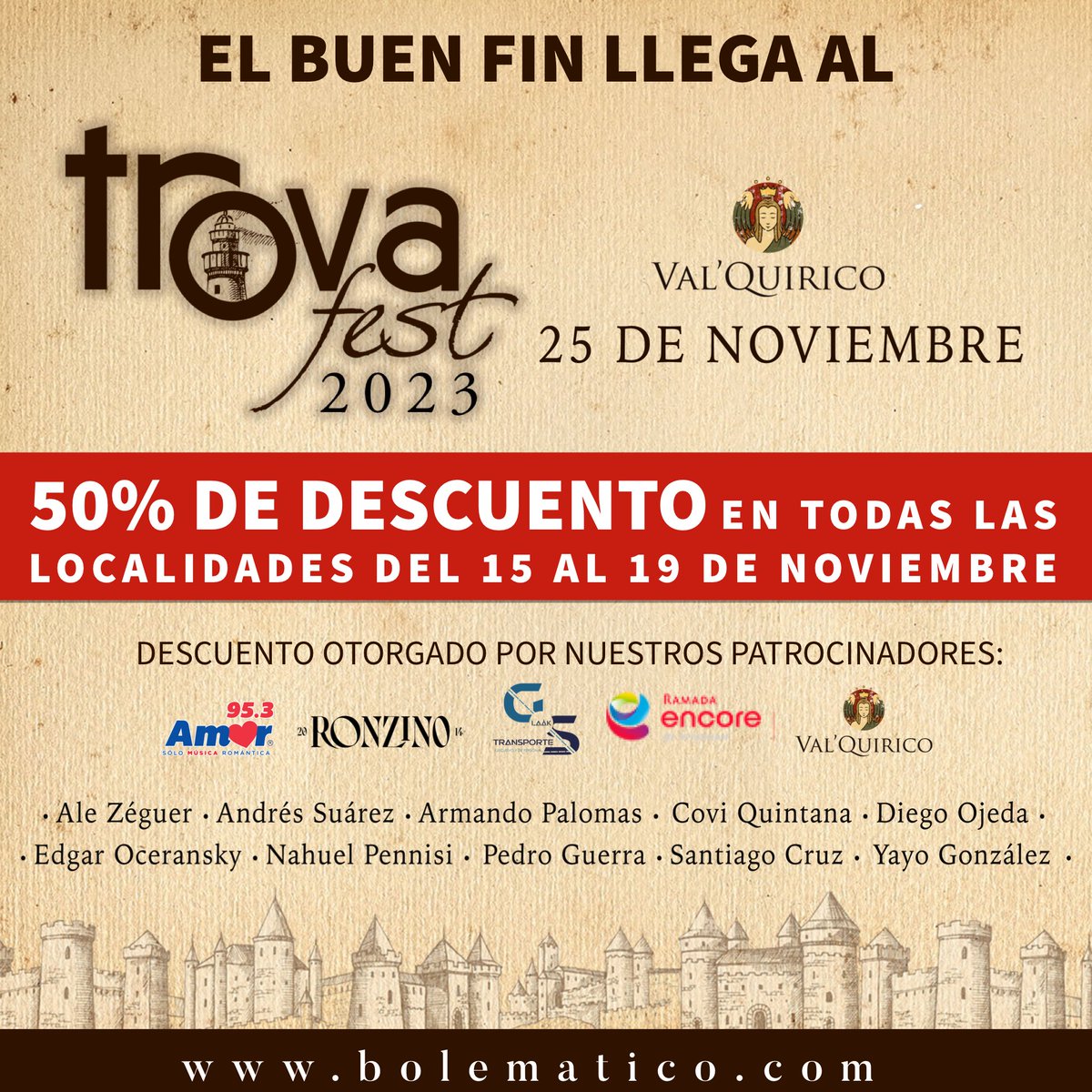 Llega el #BuenFin al #Trovafest2023. Comprar tus boletos del 15 al 19  de Nov y obtén el 50% en tus boletos. 

🎟️ bolematico.com 🎟️

<a href="/alezeguer/">Alejandra Zéguer</a> <a href="/andressuareztwi/">Andrés Suárez</a> <a href="/ELPALOMAS/">Armando Palomas Oficial</a> <a href="/coviquintana/">Covi Quintana</a> <a href="/diegoojeda85/">Diego Ojeda</a> <a href="/diegoojeda85/">Diego Ojeda</a> <a href="/NahuelPennisi/">Nahuel Pennisi</a> <a href="/_guerrapedro/">Pedro Guerra</a> <a href="/SantiCruz/">Santiago Cruz</a> <a href="/patedefua/">Paté de Fuá</a>