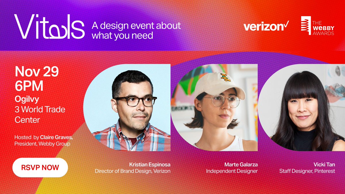 TheWebbyAwards's tweet photo. Our industry event for NY’s creative community is in 2 weeks!

Vitals: A Design Event About What You Need will bring together 3 expert designers to present the design practices that should stay... and which ones need to go. 🫣

RSVP at https://t.co/B9VkNjS6m5! https://t.co/uVXs3B6vx5