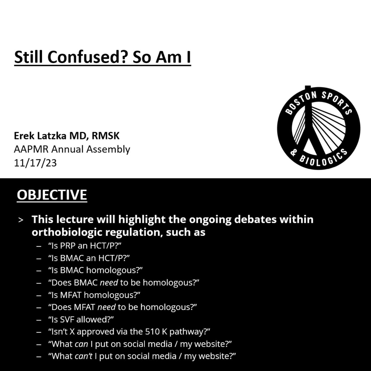 ErekLatzkaMD's tweet photo. Very important topic for any physician (or patient) considering an orthobiologic procedure (#PRP, #BMAC, #MFAT, #stemcells, etc) in the United States. 

@Dr_Gruner , Dr, Auriemma, and I hope to see you Friday 1:45 pm  #aapmr23 @AAPMR https://t.co/bsHRMxyFYq