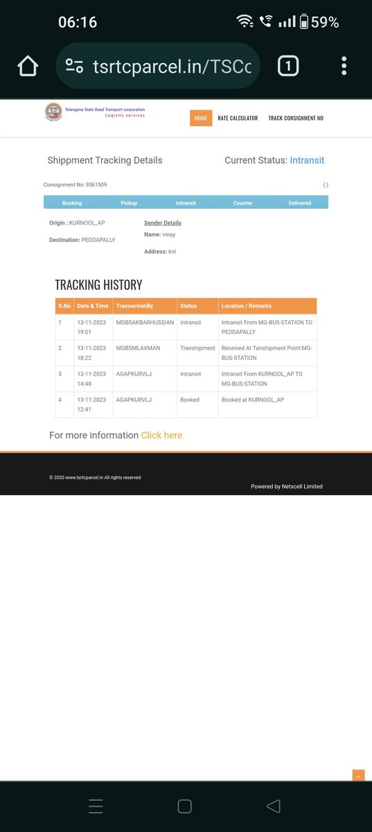 kasinavinaykum3's tweet photo. Still intransit @tsrtcmdoffice @TSRTCHQ @tsrtc I have booked courier 13 nov still it's shows intransit from the  last 3 days bus travelling hyd to peddpally ...
.?? https://t.co/567M3wyu9h