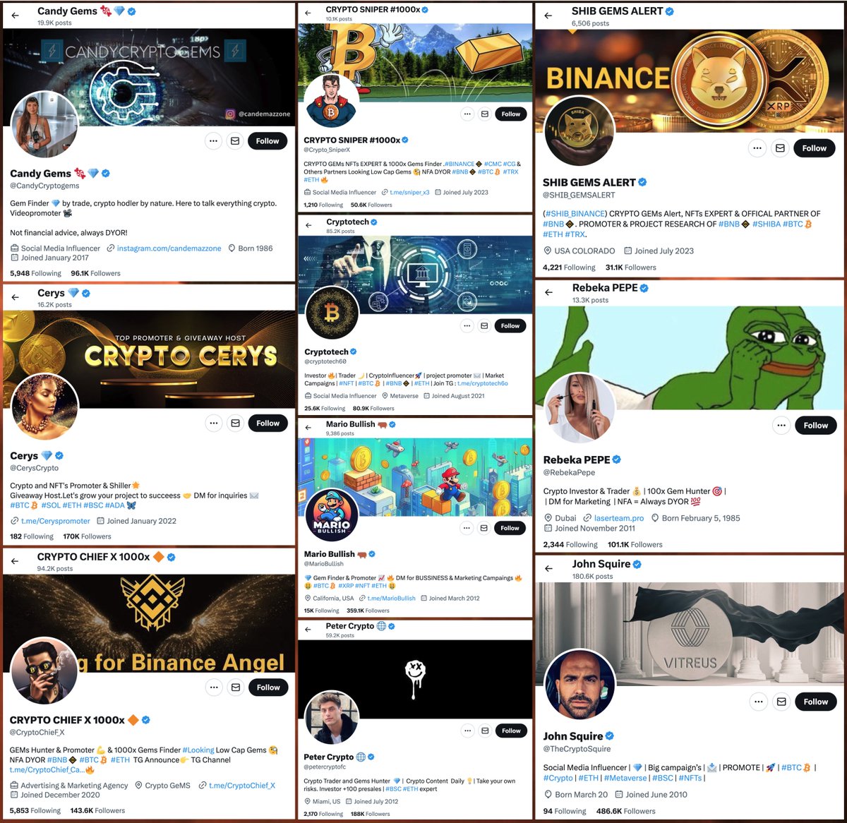 A quick search for replies containing the word 'project' from verified accounts (using the 'filter:blue_verified' search modifier) performed earlier today yielded a set of 10 blue check cryptocurrency accounts spamming people with requests to chat in DMs.