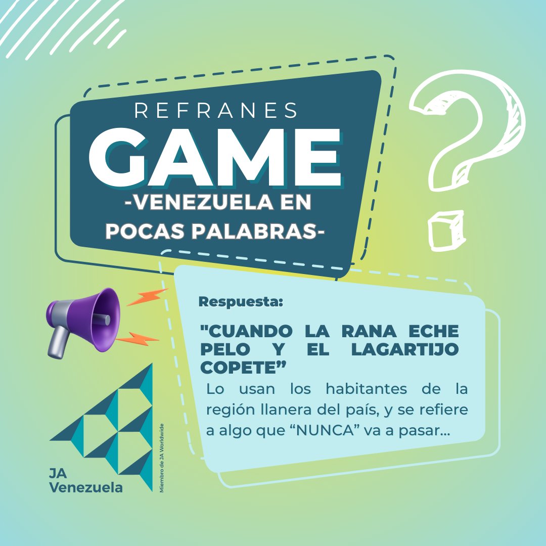 #VenezuelaEnPocasPalabras 🇻🇪
RESPUESTA.

Refrán:
"CUANDO LA RANA ECHE PELO Y EL LAGARTIJO COPETE”

Lo usan los habitantes de la región llanera del país, y se refiere a algo que “NUNCA” va a pasar…

¿Lo conocías? 😜
¡Qué  sabroso es nuestro gentilicio Venezolano!

#JaVenezuela