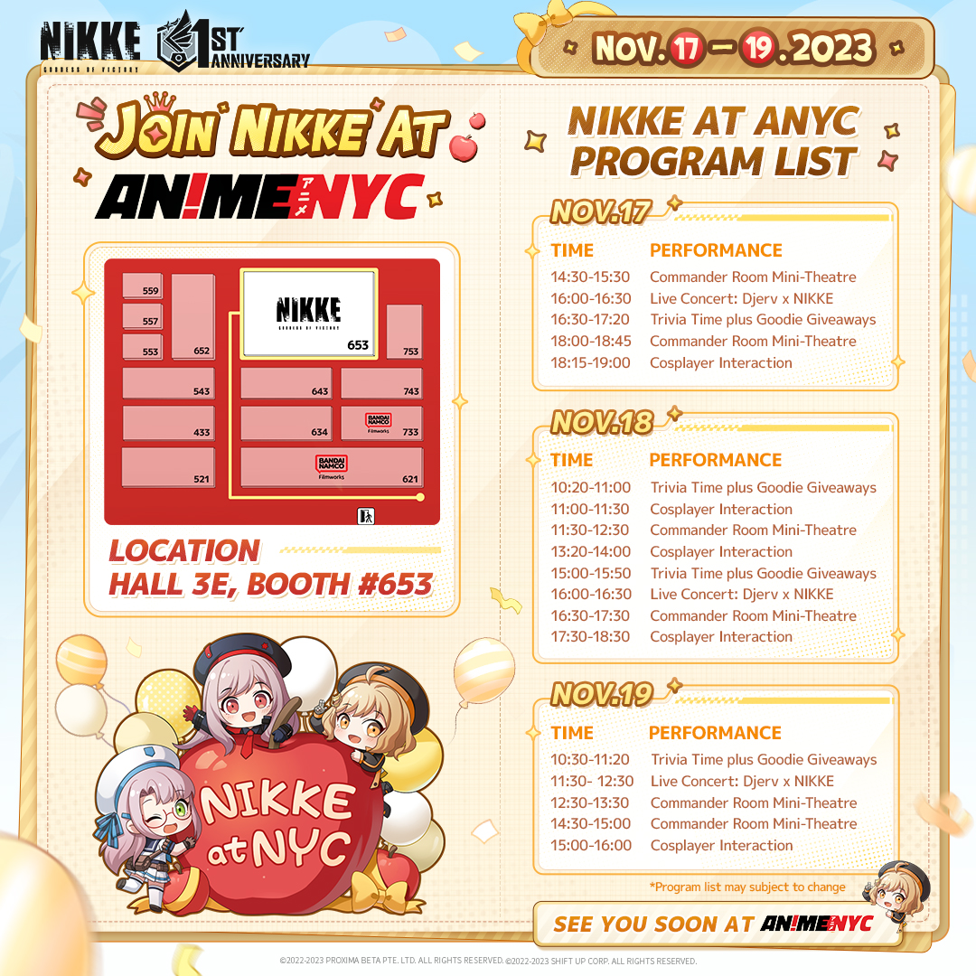 NIKKE_en's tweet photo. 【#NIKKEatNYC Program List】

Commanders, are you ready? 🎉

Immerse yourself in the fun-filled activities &amp; exclusive goodies 🎁 , and catch Djerv and NIKKE Cosplayers - kusa, kyatorin, __nonoli, taiga and _wendydydydy live at our booth! 🎸
 
Full schedule ⬇️

#NIKKE
#AnimeNYC https://t.co/GpMwRURsVl