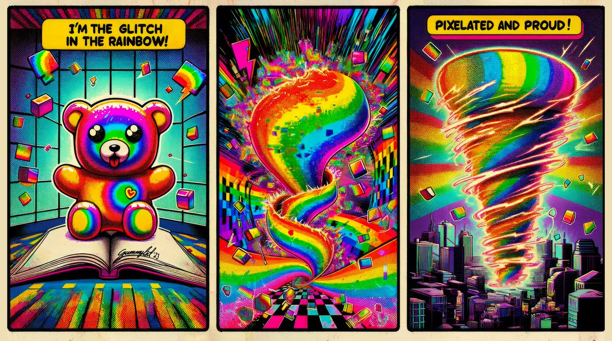 Glitch in the Rainbow: LSDGB Comic #36

a 48 Hour 1/1 LSD Gummy Bears Comic Auction starting at 1 $XTZ

Auction ends 11/17/23 at 5:00 PM PST

objkt.com/asset/KT1Vvit7…

#gummylsd #lsdgb #lsdgummybears #gummybear #comic #comicstrip #dalle3 #aicomic #aiart #tezosart #objktcom