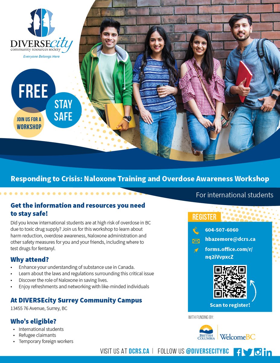 DIVERSEcityBC's tweet photo. Join us for a life-saving Naloxone Training and Overdose Awareness workshop in-person this Friday, November 17, 1–2:30 pm. Learn about substance use laws, the power of naloxone and connect with the community! #RespondingtoCrisis @Surrey_Schools
Register: https://t.co/gQwMZVRSrT https://t.co/NBABWbsXG9