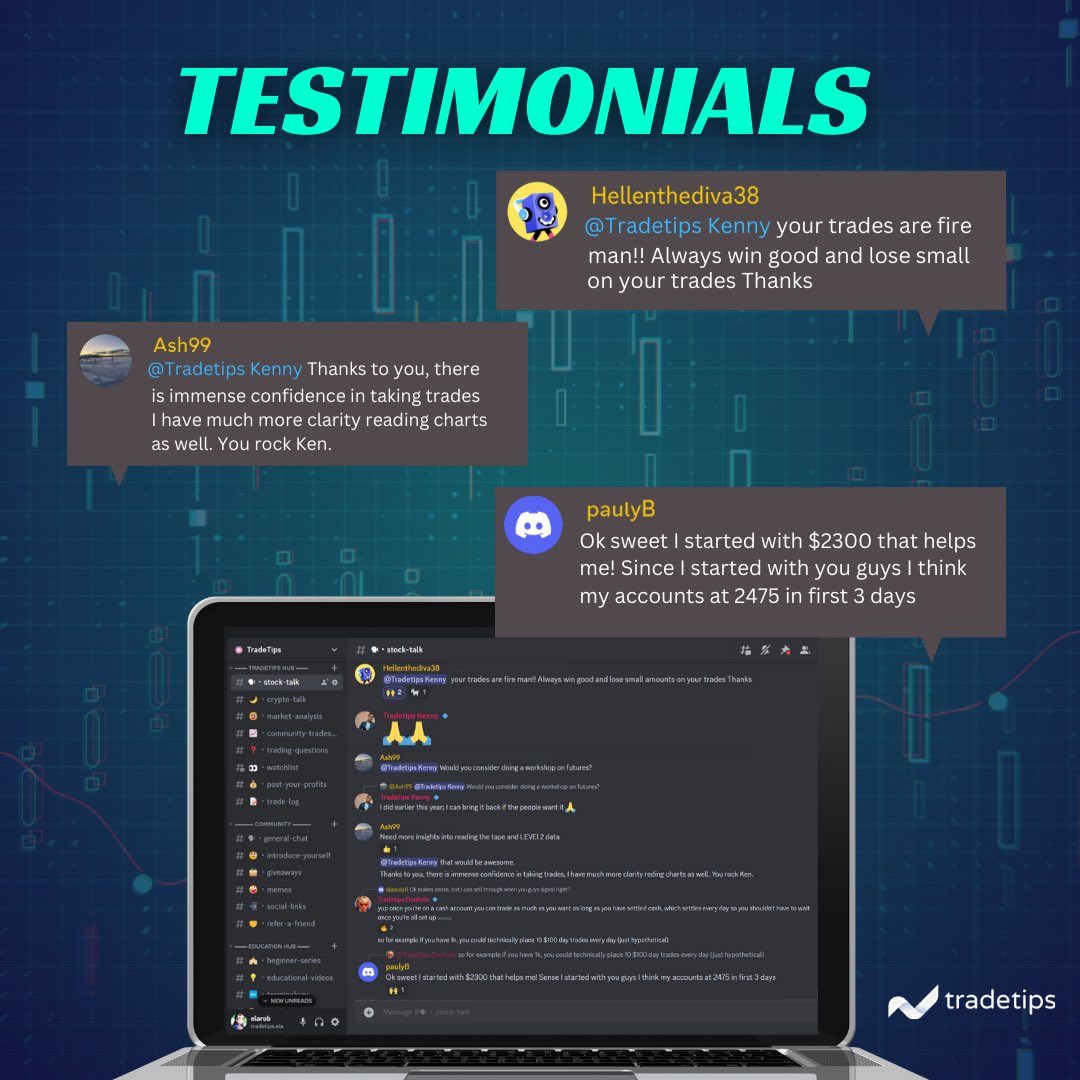 tradetipsio's tweet photo. Big thanks to our awesome members for the positive energy! 🌟 

At TradeTips, we're not just a community, we're a movement. 

We're figuring out the stock market game and turning what we learn into wins. Come be a part of it! 🚀 

#stockmarket #trading #Daytrader #SwingTrading https://t.co/ubpt9ORBvl