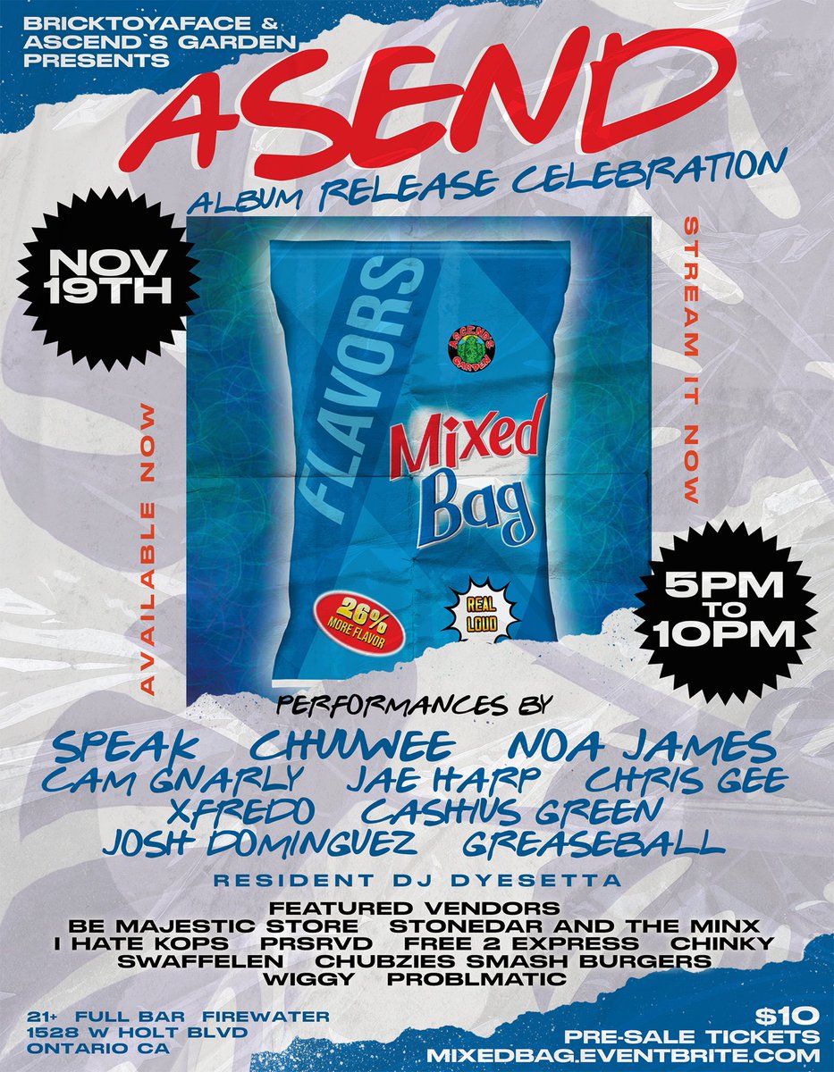 THIS SUNDAY! We’re celebrating the release of <a href="/Asend28/">Asend</a> debut album “Mixed Bag” going down in Ontario at FireWater Bar EARLY SHOW from 5p-10p!