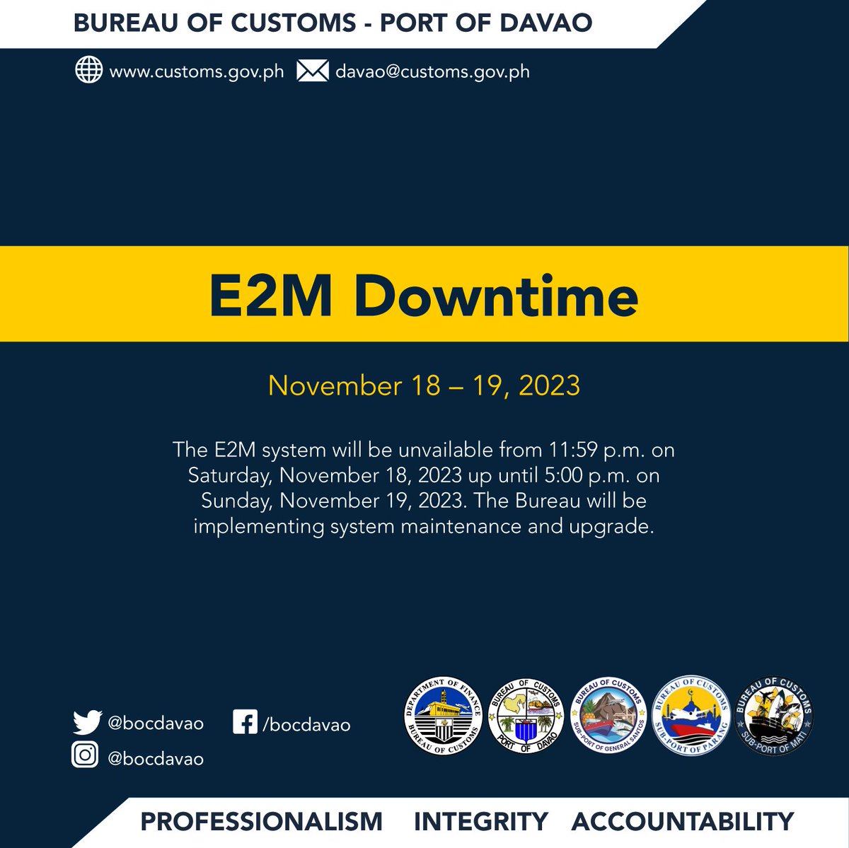 bocdavao's tweet photo. 𝗔𝗗𝗩𝗜𝗦𝗢𝗥𝗬: ‼️E2M Downtime‼️ Everyone is advised to process their transactions before the scheduled E2M downtime from 11:59 p.m. Saturday, November 18, 2023 until 5:00 p.m. Sunday, November 19, 2023. https://t.co/YAwzy6h8Xh