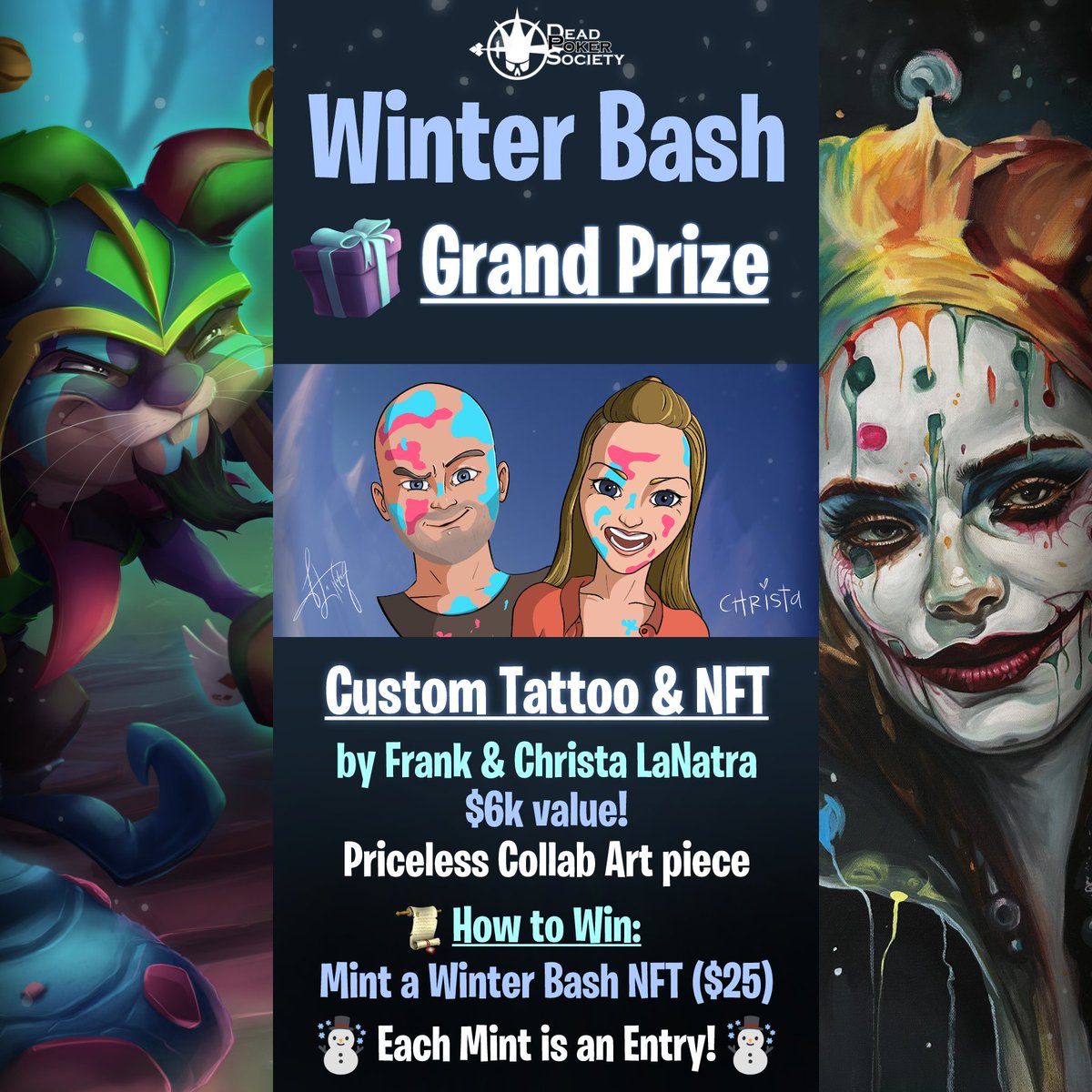 DPS_Club54's tweet image. 📣DPS Give Away:
A ONE OF A KIND TATTOO Grand Prize in our Winter Bash Mint! Also made into a Custom NFT for you!
👀$6k Value!
Every $25 Mint = Entry for Grand Prize created by @FrankLaNatra skin-artists.com/exclusive-inte… &amp;amp; @ChristaTBB canvasrebel.com/meet-christa-l…

👉app.niftykit.com/collections/dp…