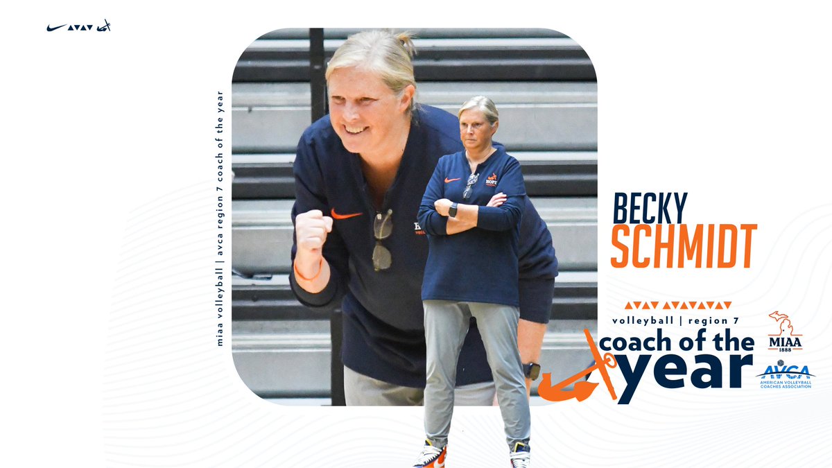 HopeAthletics's tweet photo. Hope College volleyball head coach Becky Schmidt has been selected by her peers as the American Volleyball Coaches Association Division III Region 7 and the @MIAA1888 Women's Volleyball Coach of the Year.
https://t.co/EF8L50chTa https://t.co/znnnFlYlQW