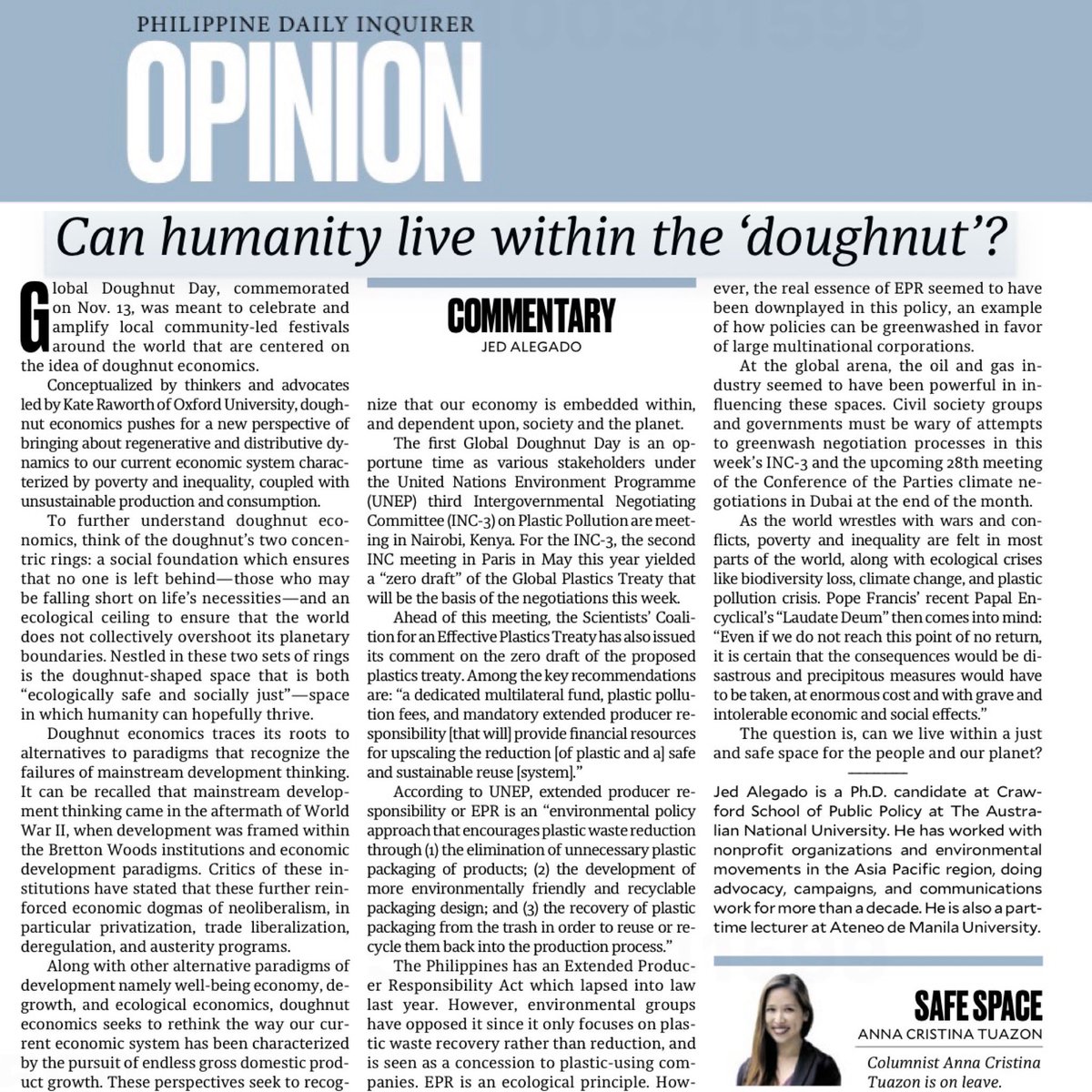 In today’s @inquirerdotnet, I reflected on #doughnuteconomics and the INC-3 Global Plastics Treaty meeting this week. In solidarity with colleagues who are in Nairobi, Kenya for this important event. ✊🏽

#INC3 
#GlobalDonutDay
#PlasticsTreaty
#breakfreefromplastic