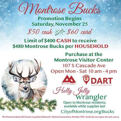 🦌 💚 The Montrose Bucks sale is back! Starting on Small Business Saturday, November 25, from 10 am - 4 pm at the Montrose Visitor Center. This CASH ONLY sale is available while supplies last.

More: 👇🏻
CityofMontrose.org/Bucks