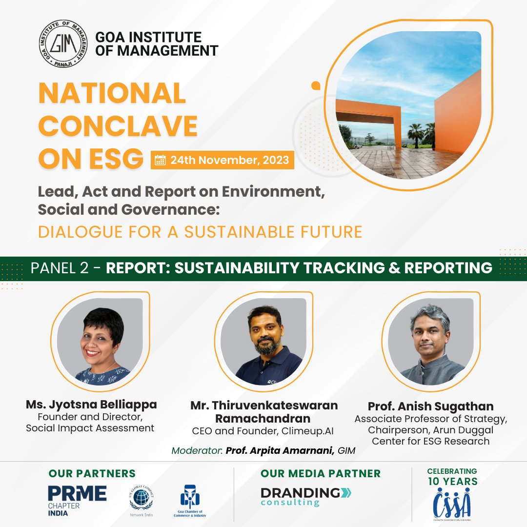 GimResearch's tweet photo. Distinguished Speakers at National Conclave on #ESG at @GIM_Sanquelim on 24th Nov 2023, being organized by @cssagim .  @parulekar_ajit @IAbhishekRanjan @JyoBelliappa @climeup @anishsugathan @ShrinivasDempo @GCNIndia @CouncilCircular https://t.co/zkyQDp5zmU