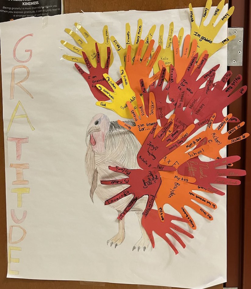 TeamUnitedWMS's tweet photo. Our students made feathers of gratitude as a reflection of today’s Wildcat Wednesday SEL lessons @wmsnatick #WilsonUnited #SEL #Gratitude https://t.co/UJR2DEf1jf