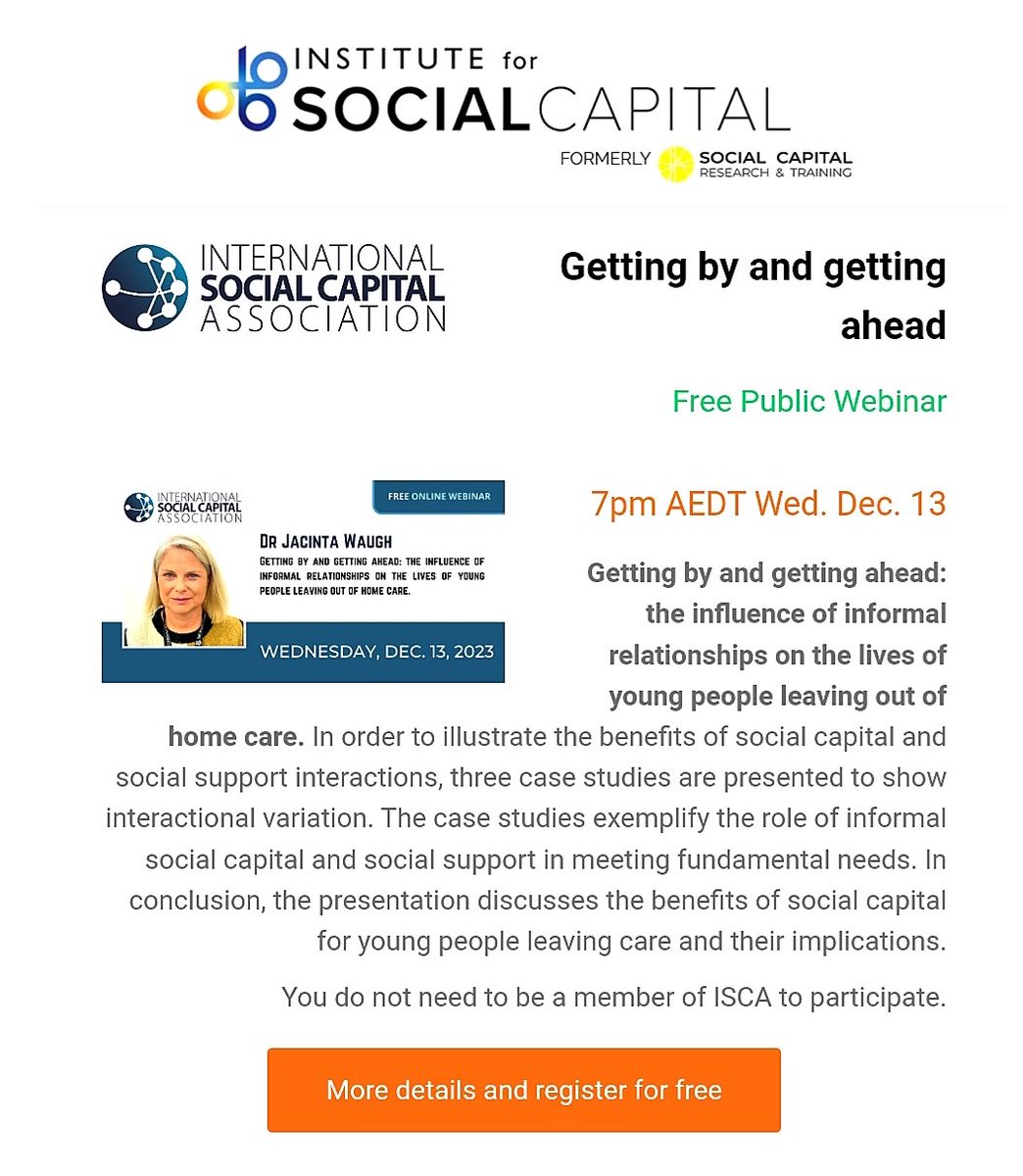 Monash Social Work (@monash_socialwk) on Twitter photo Upcoming webinar from Dr Jacinta Waugh from #SocialWork <a href="/SPAHCMonash/">Monash Uni Primary and Allied Health Care</a> on informal #relationships and #socialcapital for young people leaving #outofhomecare
See tinyurl.com/mpa48fwf for details and free registration Upcoming webinar from Dr Jacinta Waugh from #SocialWork <a href="/SPAHCMonash/">Monash Uni Primary and Allied Health Care</a> on informal #relationships and #socialcapital for young people leaving #outofhomecare
See tinyurl.com/mpa48fwf for details and free registration