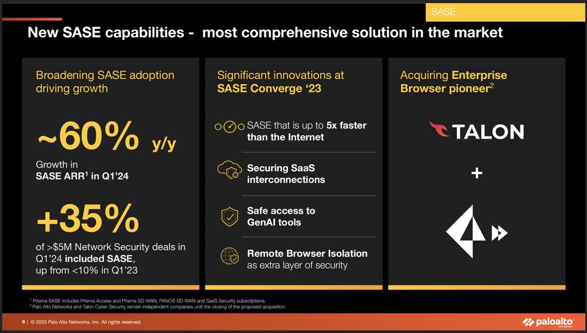 anuj_kapur's tweet image. $PANW Billings miss aside, these are two key slides as to why they are a juggernaut. 8-figure deals across 3 Sec. platforms. 60% growth in the #SASE, the largest #adjacency on #NetworkSecurity. Raising the bar for $ZS and $FTNT.