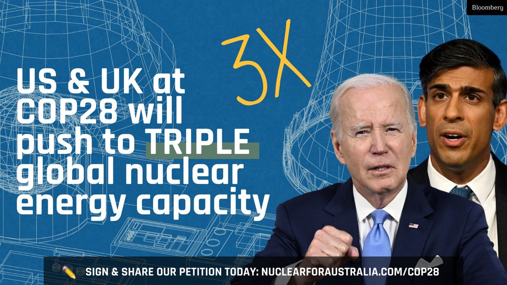 nuclearforaus's tweet photo. ✍️Sign our petition calling for Australia at COP28 to support nuclear energy: https://t.co/92R4BPPXvP

Bloomberg is reporting that the US &amp; UK at COP28 will push to “triple the amount of installed nuclear capacity globally by 2050”. https://t.co/AaMJlDGYO8