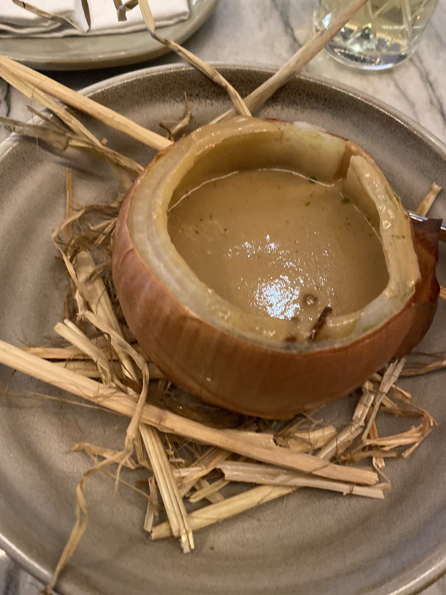 WFSly's tweet image. The award for dumbest idea goes to my hotel restaurant for putting my onion soup in a fucking onion (???) on top of literal hay…..
