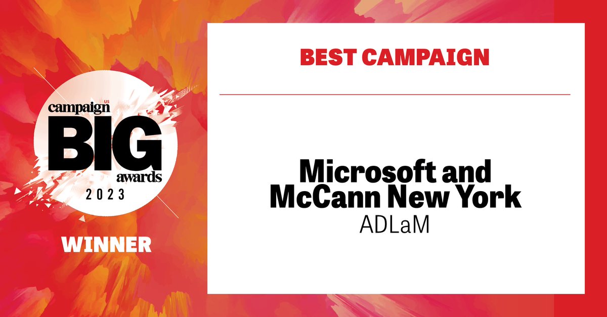 Now up, our Grand Prix winner for Best Campaign of the past year! Congratulations to our winners,  ⁦@Microsoft⁩ and ⁦@mccann_mw⁩ for ADLaM! #CampaignUSBIGAwards